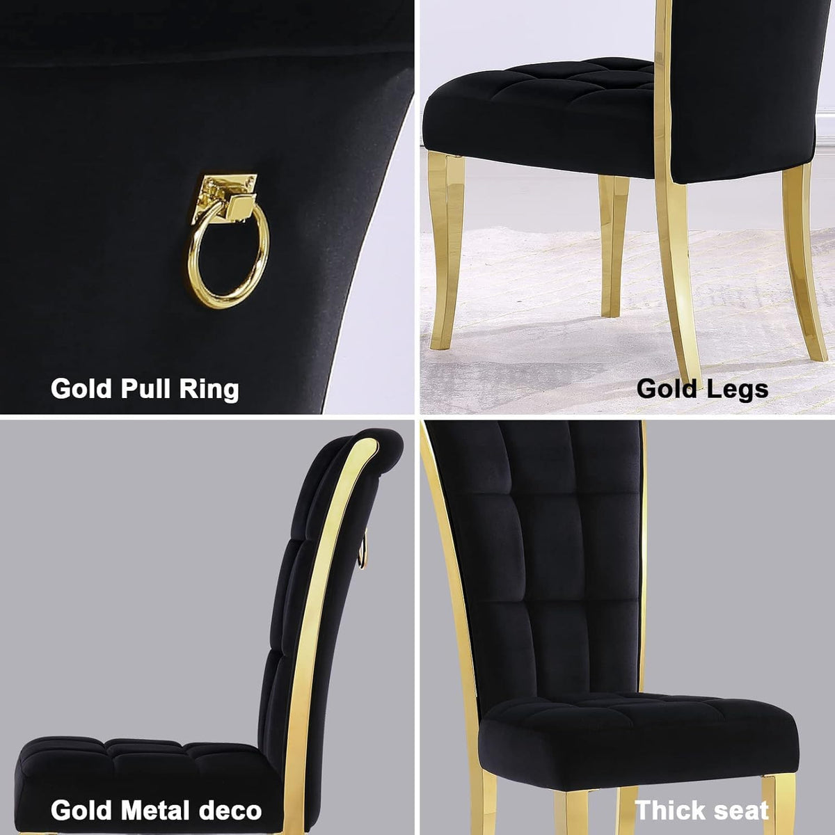 ACEDÉCOR Black and Gold Dining Chairs, Black Velvet Upholstered Chairs with Ring Pull, High Back Dining Chairs with Polished Gold Legs(Set of 2)