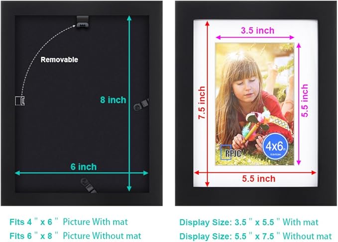 RPJC 6x8 inch Picture Frame Made of Solid Wood and High Definition Glass Display Pictures 4x6 with Mat or 6x8 Without Mat for Wall Mounting Photo Frame Black