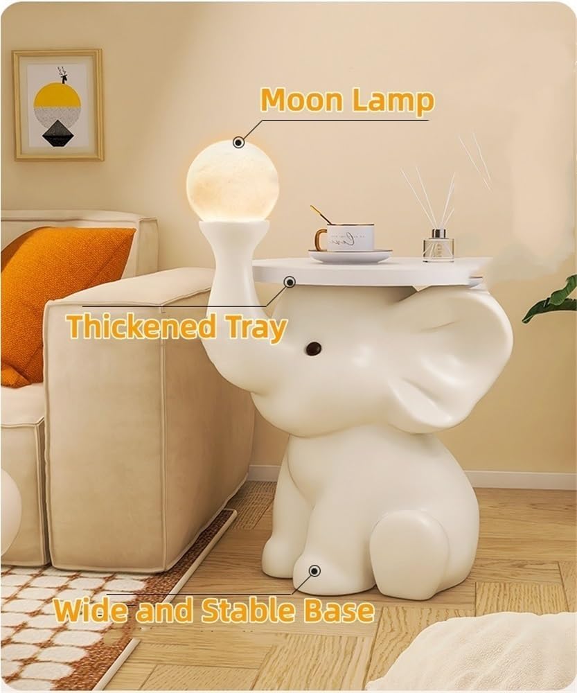 Resin Coffee Table, Elephant Shaped Side Table, Decorative Table with LED Lights, Nightstand with Wooden Tray, for Living Room, Bedroom(16.1x21.2in)