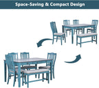 LUMISOL 6-Piece Dining Table Set with Bench, Farmhouse Solid Wood Kitchen Table Set with Bench, 4 Upholstered Chairs & Storage Drawers for Kitchen, Dining Room, Living Room, Antique Blue