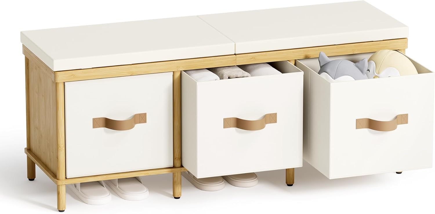Shoe Bench, 43.3" Storage Bench, Entryway Bench with Cushion Seat | Natural Bamboo Bench with Storage, Easy Assembly, End of Bench with Drawers, Storage Organizer for Bedroom/Entryway/Closet