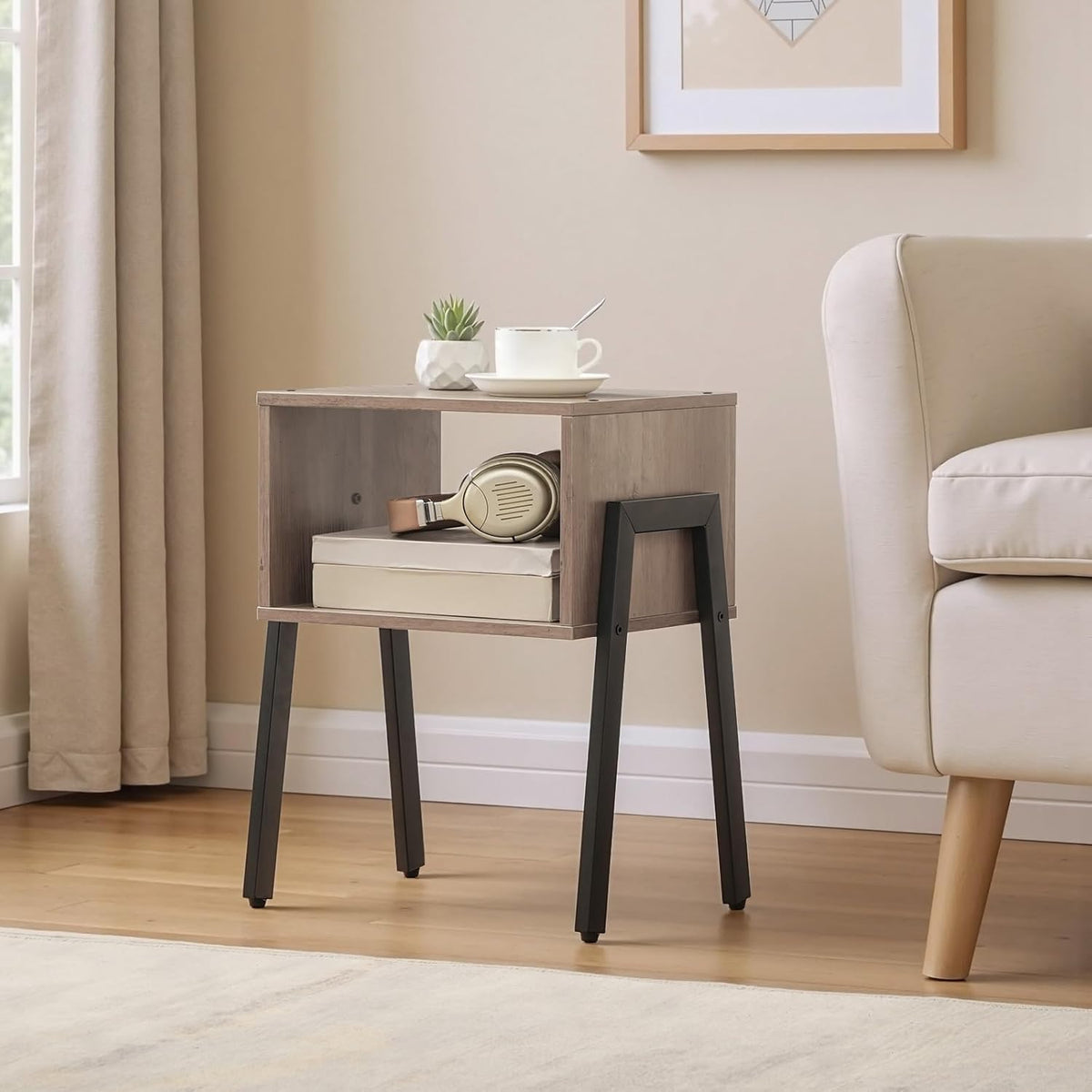 HOOBRO Small Nightstands Set of 2, Stackable End Tables, Side Tables, Bedside Tables with Open Storage Shelf, for Small Spaces, Bedroom, Living Room, Greige and Black BG38BZP201
