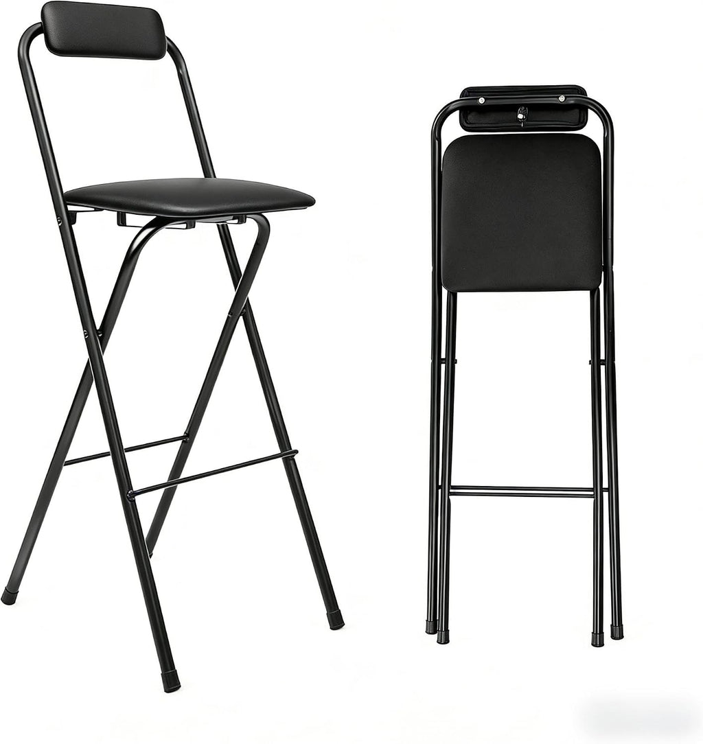 1 Pcs Folding Bar Stool with Backrest, 29.5 Inch Tall Foldable Stool Chair, Portable Space-Saving Counter Height Chair 275lbs Load Capacity for Kitchen Counter Home Dining, Black