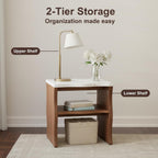 Mid-Century Modern Side Table,17.72" Whisper of Waves Design End Table with White Marble-Pattern Tabletop Open Storage Shelf and Solid Wood Veneered Base Bedroom Nightstand End Table for Living Room