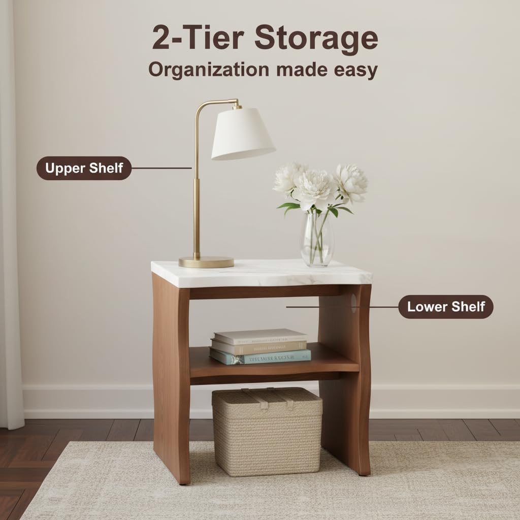 Mid-Century Modern Side Table,17.72" Whisper of Waves Design End Table with White Marble-Pattern Tabletop Open Storage Shelf and Solid Wood Veneered Base Bedroom Nightstand End Table for Living Room