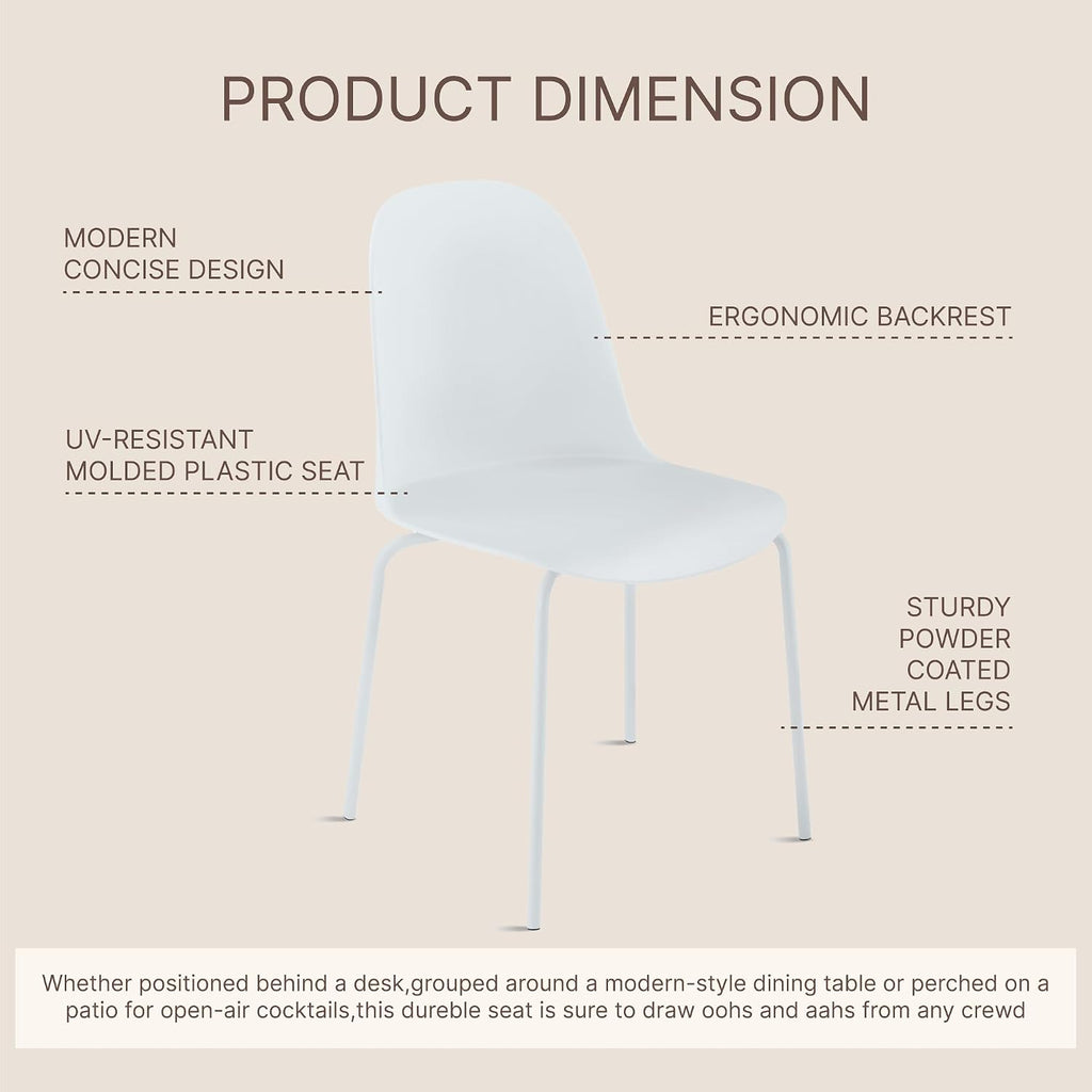 KISLOT Dining Chairs Set of 4, Plastic Outdoor Dining Room Chairs with Metal Legs, PP Anti-UV Stackable Patio Chairs with Ergonomic Back for Kitchen Swimming Pool, Easy Assembly, White