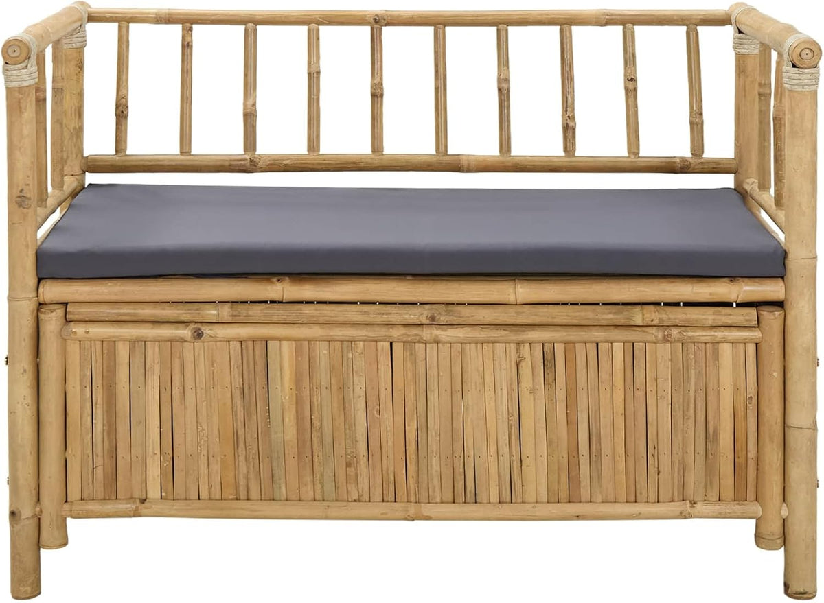 Bamboo Garden Storage Bench 110 x 47 x 80 cm, Outdoor Patio Seat with Hidden Compartment, Natural Finish Post Leg Design for Indoor or Outdoor Use