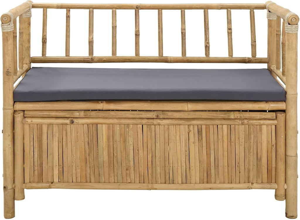 Bamboo Garden Storage Bench 110x47x80 cm, Natural Outdoor Bench with Hidden Seat Storage, Post Leg Design for Patio or Sunroom, Easy Assembly Required
