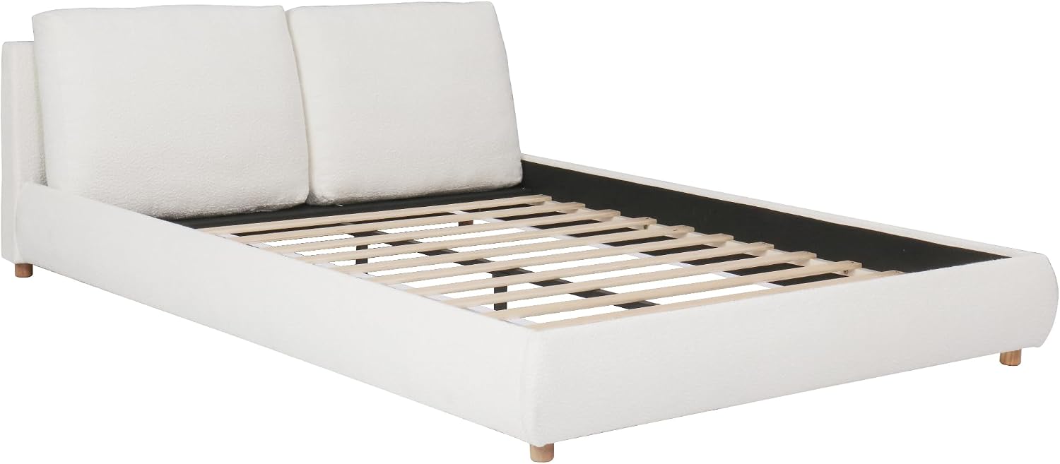 Christopher Knight Home Hazel Queen Size Bed Frame, Upholstered Platform Bed, Soft Boucle Queen Headboard, Removable Pillows Headboard, Wood Slats Support, No Box Spring Needed, Easy Assembly, White