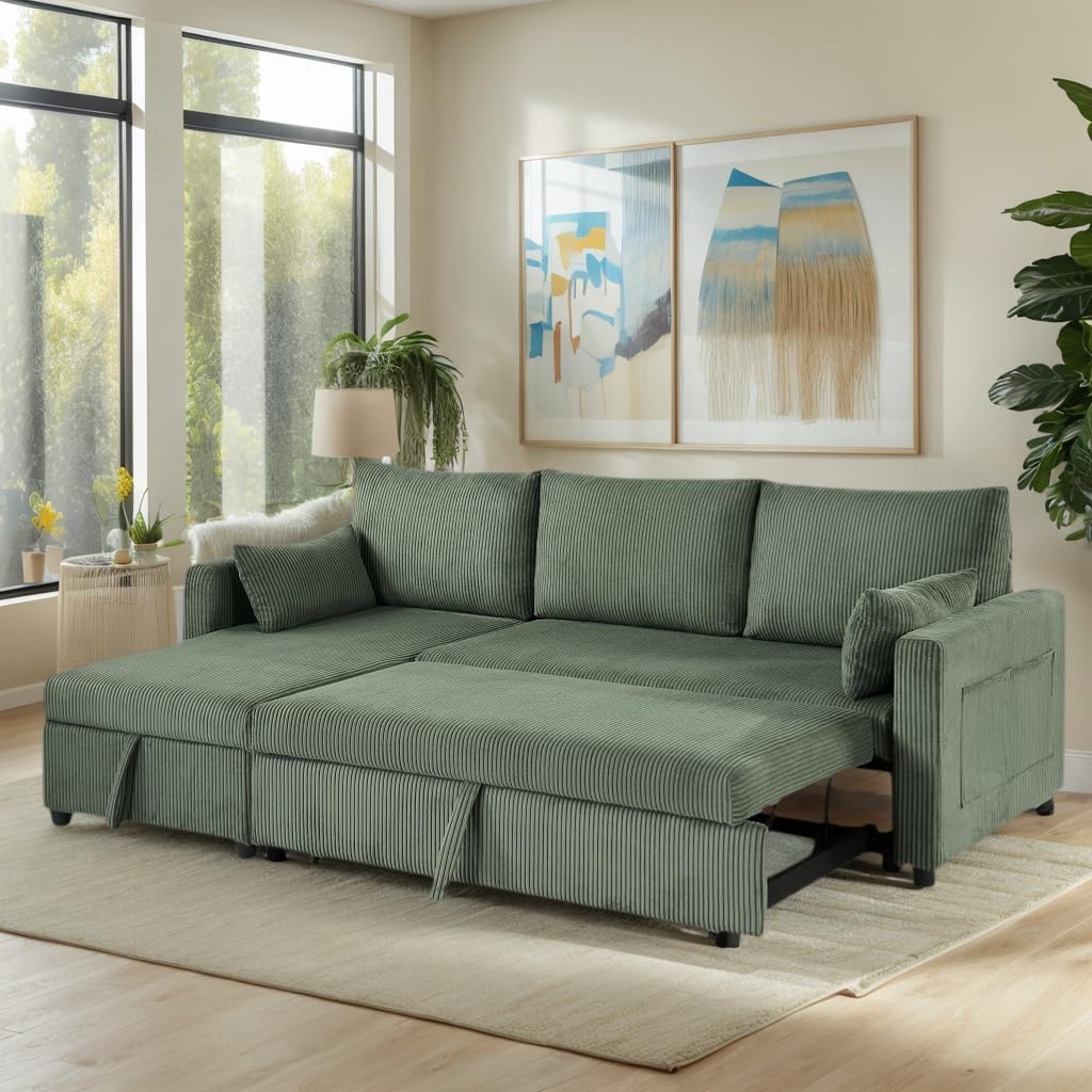 Ball & Cast 86" Sectional Sleeper Sofa Bed Pull Out Couches for Living Room | L Shaped Convertible Pull Out Sofa Bed with Reversible Storage Chaise and Side Pocket, 3-Seat Sofa for Small Space Apartment