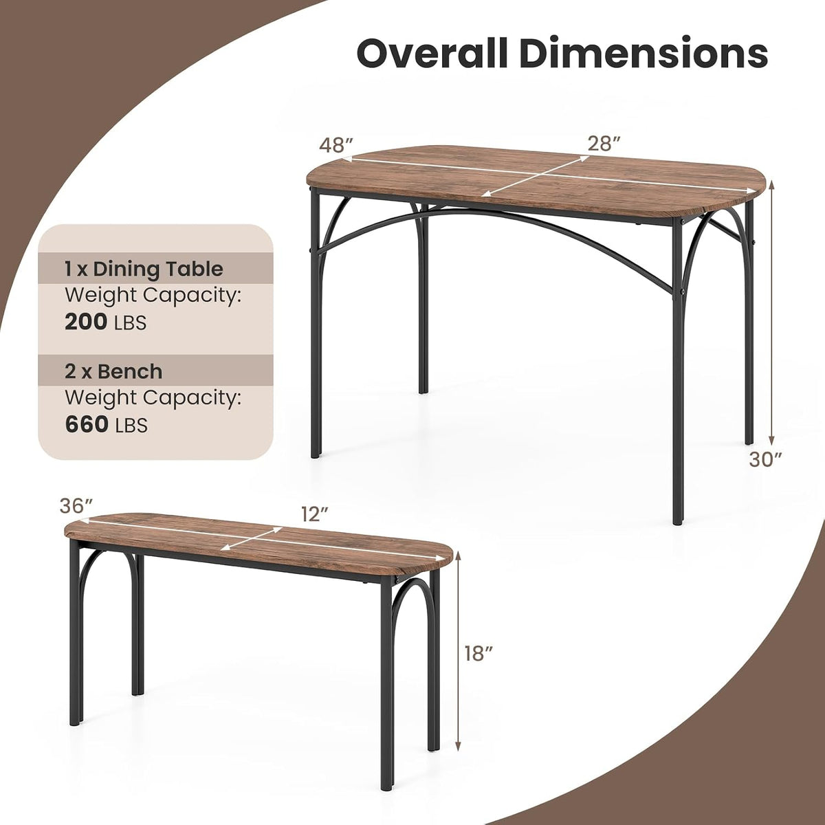 GOFLAME 3-Piece Dining Table Set for 4, Wooden Kitchen Table and 2 Benches Set with Metal Frame, Space-Saving Dinette Set for Living Room, Dining Room, Breakfast Nook, Small Space