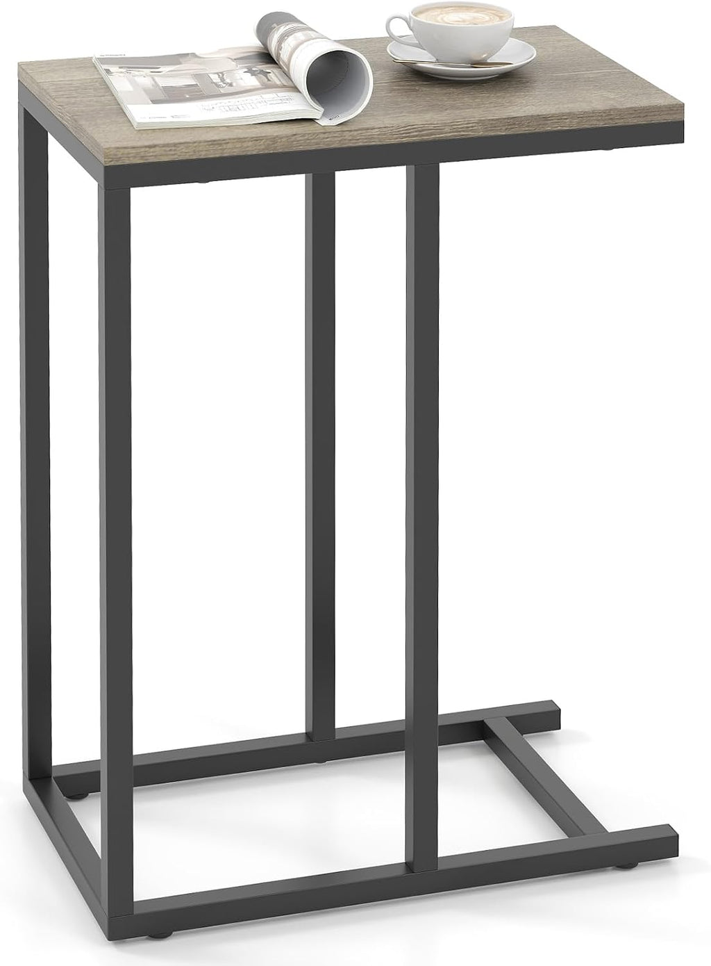Tangkula C-Shaped End Table, Slide Under Couch TV Tray for Coffee Laptop Tablet, Industrial Sofa Side Table with Metal Frame for Living Room Bedroom (Grey Oak)