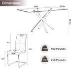 Modern 63 Inch Glass Dining Table Set for 6, 7 PCS Kitchen Table Set, Clear Tempered Glass Dinner Table with Silver Chrome Legs & Gray Upholstered PU Faux Leather Dining Chairs for Home, Dining Room