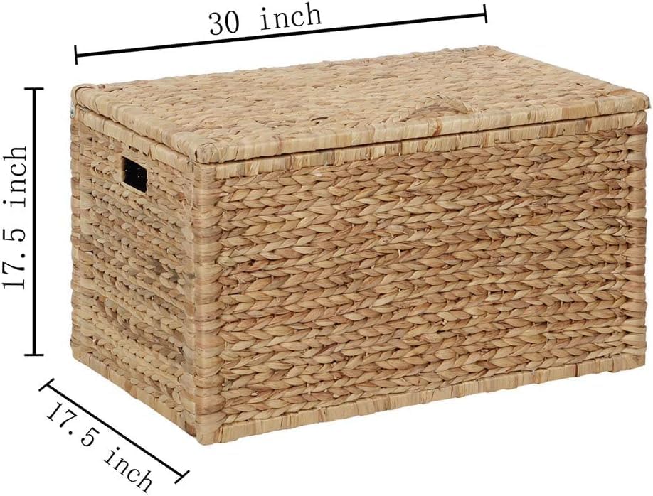 eHemco Water Hyacinth Wicker Storage Trunk, Natural, 30x17.5x17.5 Inches | Safety Hinge, Metal Frame, Decorative Blanket Chest & Storage Box, Farmhouse Woven Storage, For Living Room & Entryway