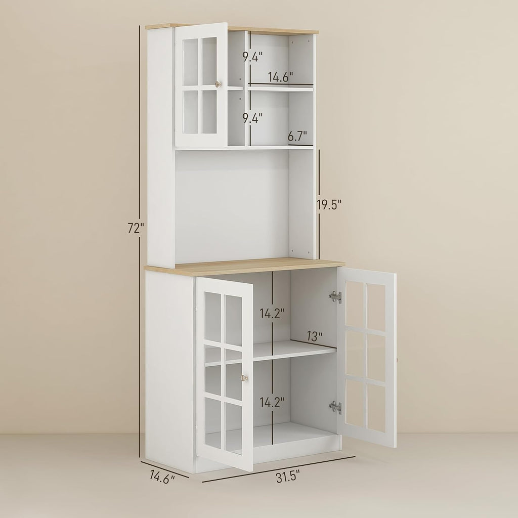 HOMCOM Kitchen Pantry Storage Cabinet 72" with Hutch, White | Large Countertop, Freestanding, Glass Doors, Adjustable Shelves, Dining Room