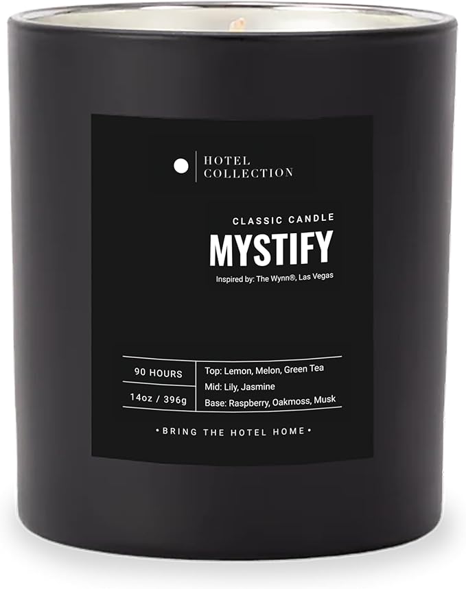 Hotel Collection - Mystify Single Wick Classic Candle - Hotel Inpsired Luxury Candle - 90 - Hours Burn Time - Hints of Jasmine, Green Melon, Lily - 14 oz - Black