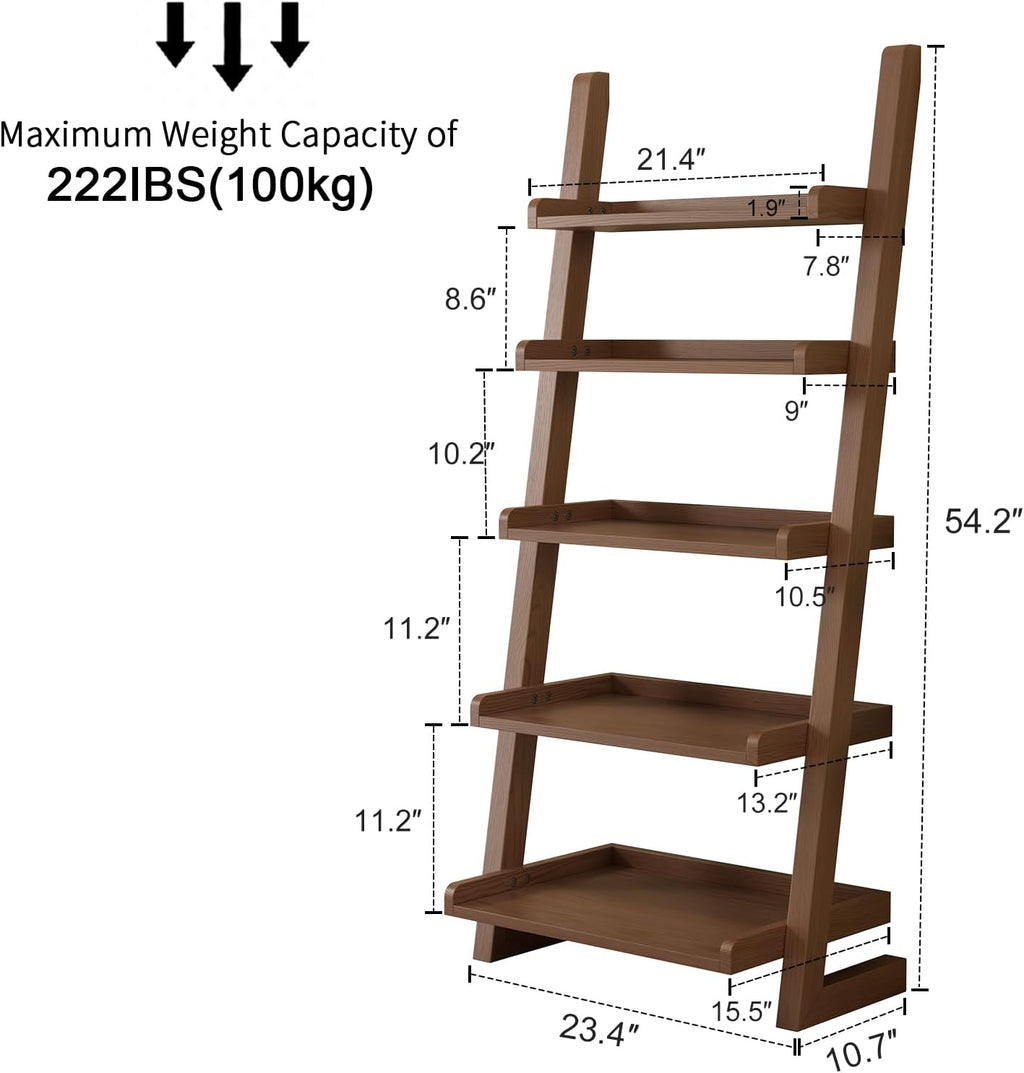 AQIMUELE Walnut Wooden Ladder Shelf with Edges, 5-Tier Modern Leaning Bookshelf Ladder – Stylish Space-Saving Bookcase for Living Room, Bedroom & Home Office