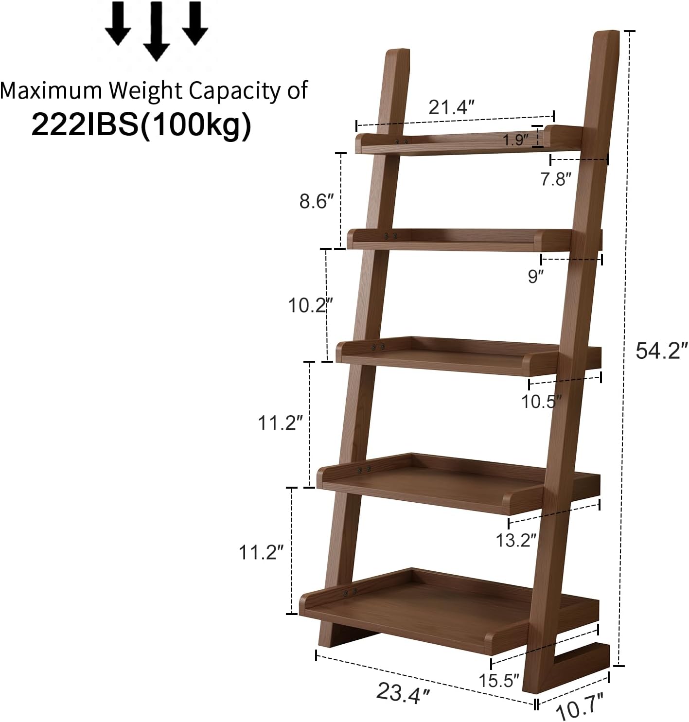 AQIMUELE Walnut Wooden Ladder Shelf with Edges, 5-Tier Modern Leaning Bookshelf Ladder – Stylish Space-Saving Bookcase for Living Room, Bedroom & Home Office