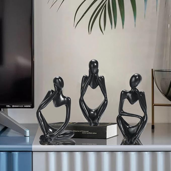 BOPART 3Pcs Thinker Statues Black Decor for Home, Office or Living Room, Resin Black Figurines Sculptures for Floating Shelf, Coffee Table Decoration