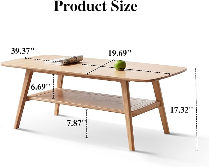 2-Tier Solid Oak Wood Coffee Table - Practical Center Table with Double Storage for Small Apartments, Living Rooms, Bedrooms, and Offices (Natural, 39.37" D x 19.69" W x 17.32" H)