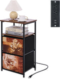 ALBAD Nightstand with Charging Station and LED Lights, Brown Flower Drawers | End Table with USB Ports and Outlets, 2 Fabric Drawers and Open Top Shelf, for Bedroom Bedside, Living Room, Dorm