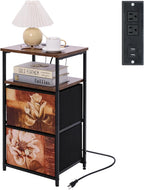 ALBAD Nightstand with Charging Station and LED Lights, Brown Flower Drawers | End Table with USB Ports and Outlets, 2 Fabric Drawers and Open Top Shelf, for Bedroom Bedside, Living Room, Dorm