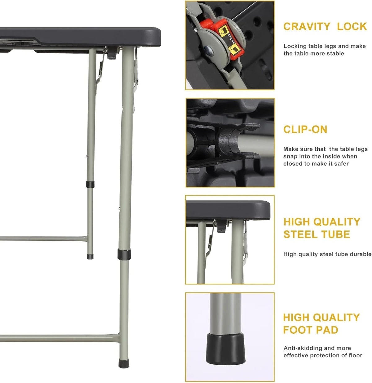 Folding Table 4 Foot Portable Heavy Duty Plastic Fold-in-Half Utility Table Small Indoor Outdoor Adjustable Height Folding with Carrying Handle, Camping and Party Black