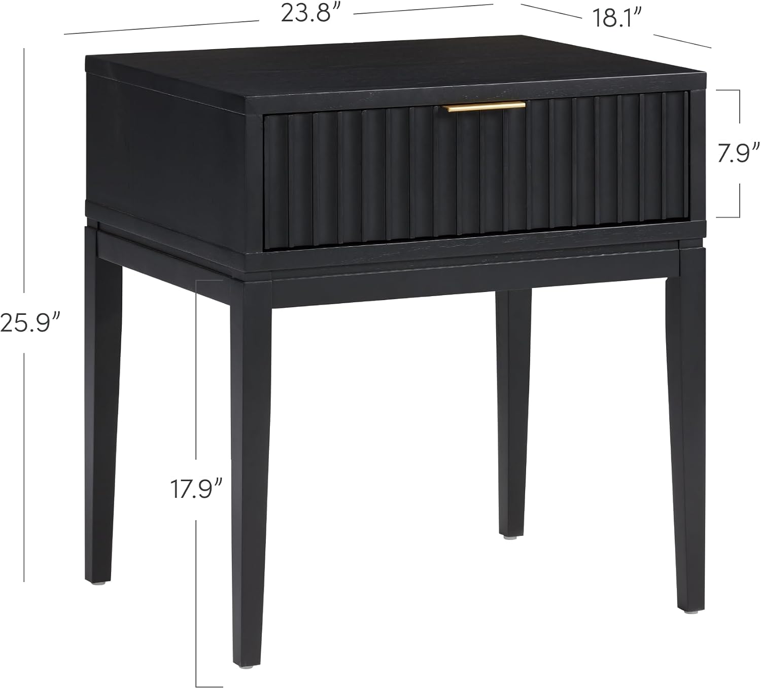 Nathan James Jasper Boho Side Table, Solid Wood Bedroom Nightstand or Bedside Table with Drawer with Fluted Doors and Brass Handles, Black