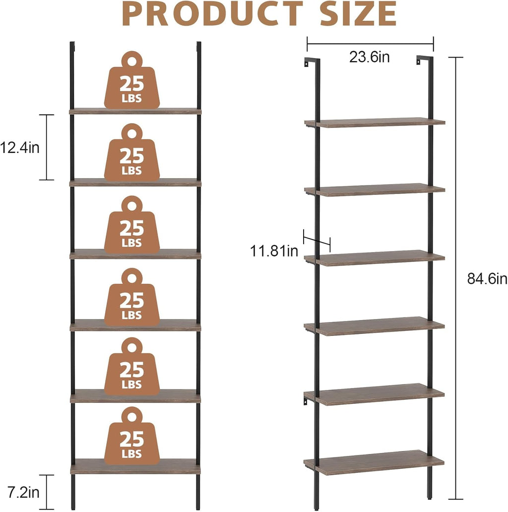 Wolawu Ladder Shelf Black 6 Tiers Modern Bookshelf Room Organizer Open Tall Wall Mount Bookcase Standing Leaning Wall Shelves Industrial Decorative Living Room Bed Room (Brown)