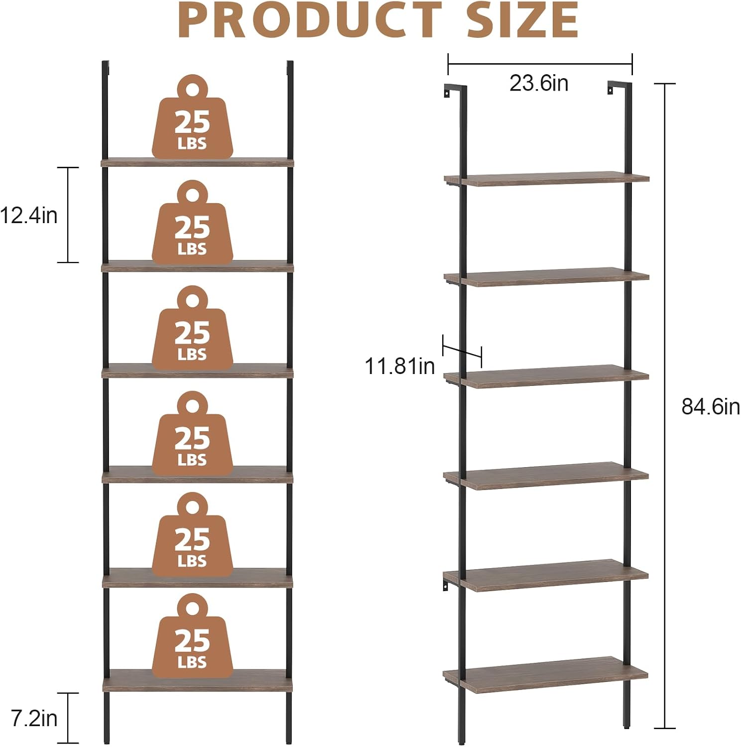 Wolawu Ladder Shelf Black 6 Tiers Modern Bookshelf Room Organizer Open Tall Wall Mount Bookcase Standing Leaning Wall Shelves Industrial Decorative Living Room Bed Room (Brown)
