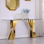 60" Gold Console Table, Entryway Table with Clear Tempered Glass | Modern Glam, Elegant Beveled Edge, Polished Stainless Steel Geometric Base, Long Sofa Table for Living Room, Hallway, Foyer