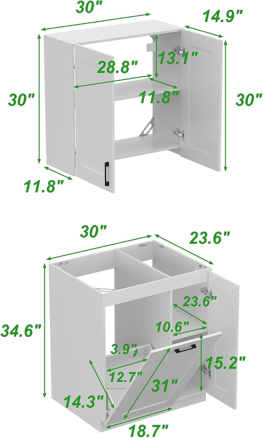 Timechee White Modern Kitchen Pantry Storage Cabinet with Wall Cupboard Set, Wall Pantry Cupboard with Tilt Out Trash Can Cabinet, Storage Shelves, Kitchen Buffet Sideboard Set for Dining Room
