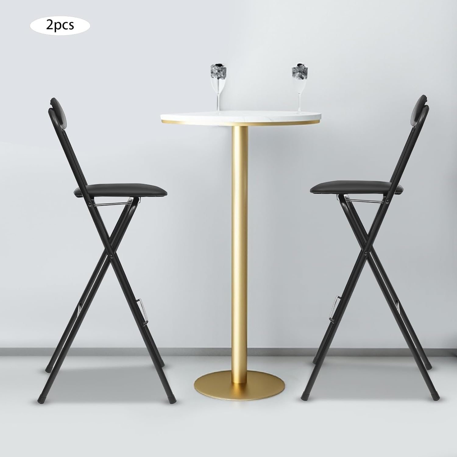2Pcs Foldable Bar Chair, Tall Folding Chair, Portable Folding Stool Seat Height 29.53in for Outdoor/Indoor Kitchen Home Bar, Assembly Free (Black)