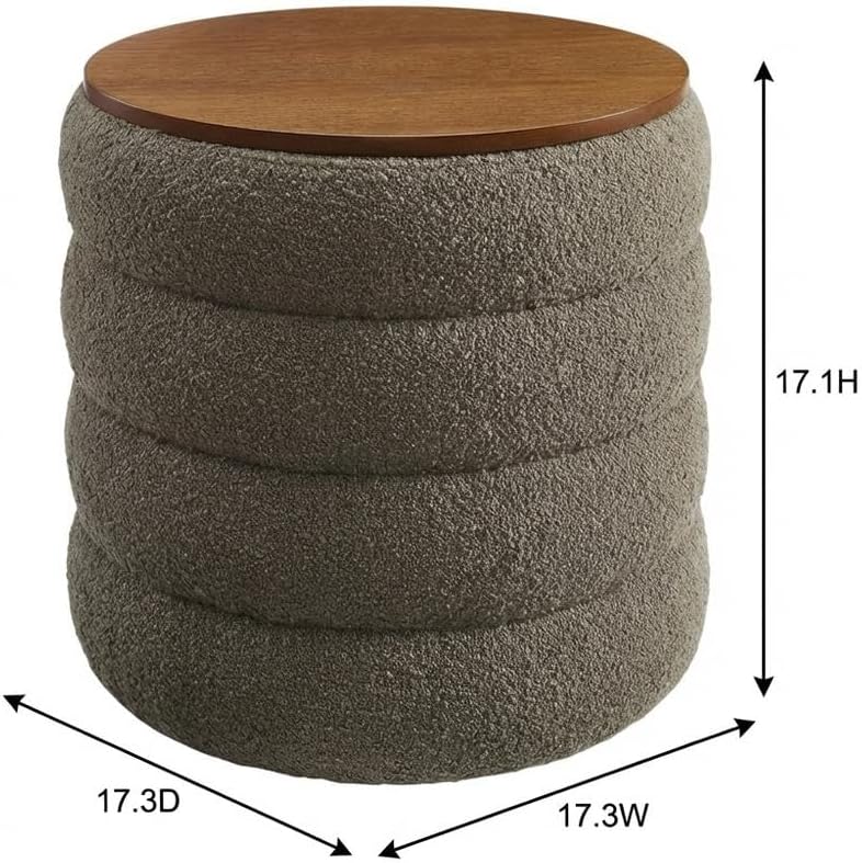 Gray Round Boucle Fabric Storage Ottoman, Indoor-Outdoor Seating, 17.3-Inch Diameter, Soft Boucle, Durable Structure