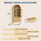 71" Display Arched Storage Cabinet, Kitchen Pantry with Tempered Glass Doors, 2 Large Drawers and Adjustable Shelves, Arched Bookshelf Cabinet for Dining Room Kitchen Office- Natural