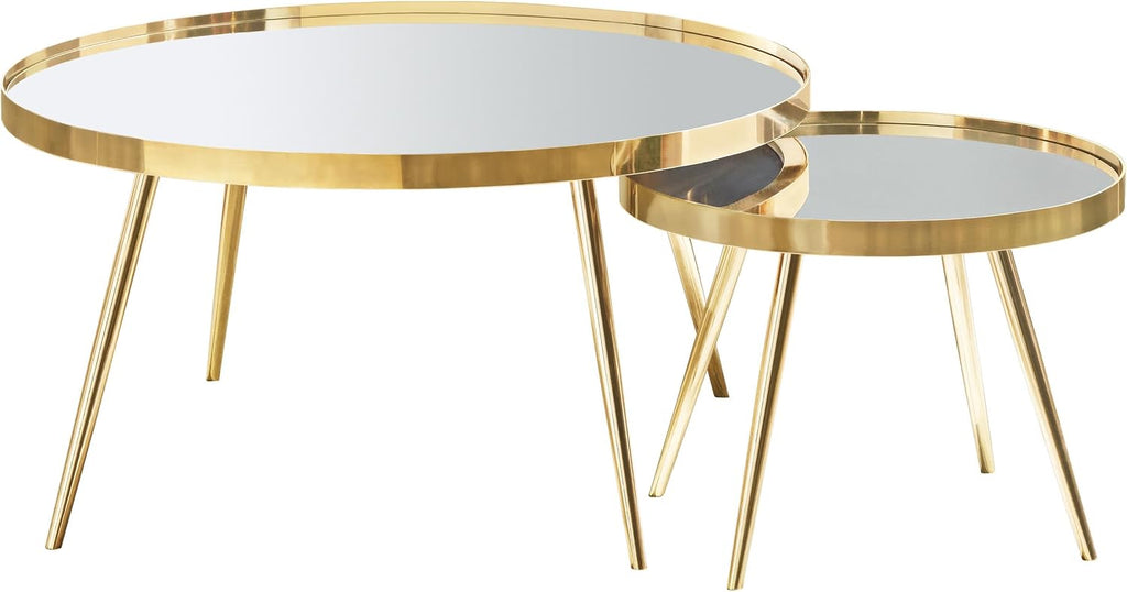 36" Reflective Top Stacking Nesting Tables, Set of Nesting Tables with Polished Metal Frame, Side Tables with Modern Streamlined Design for Living Room Activity Areas, Gold