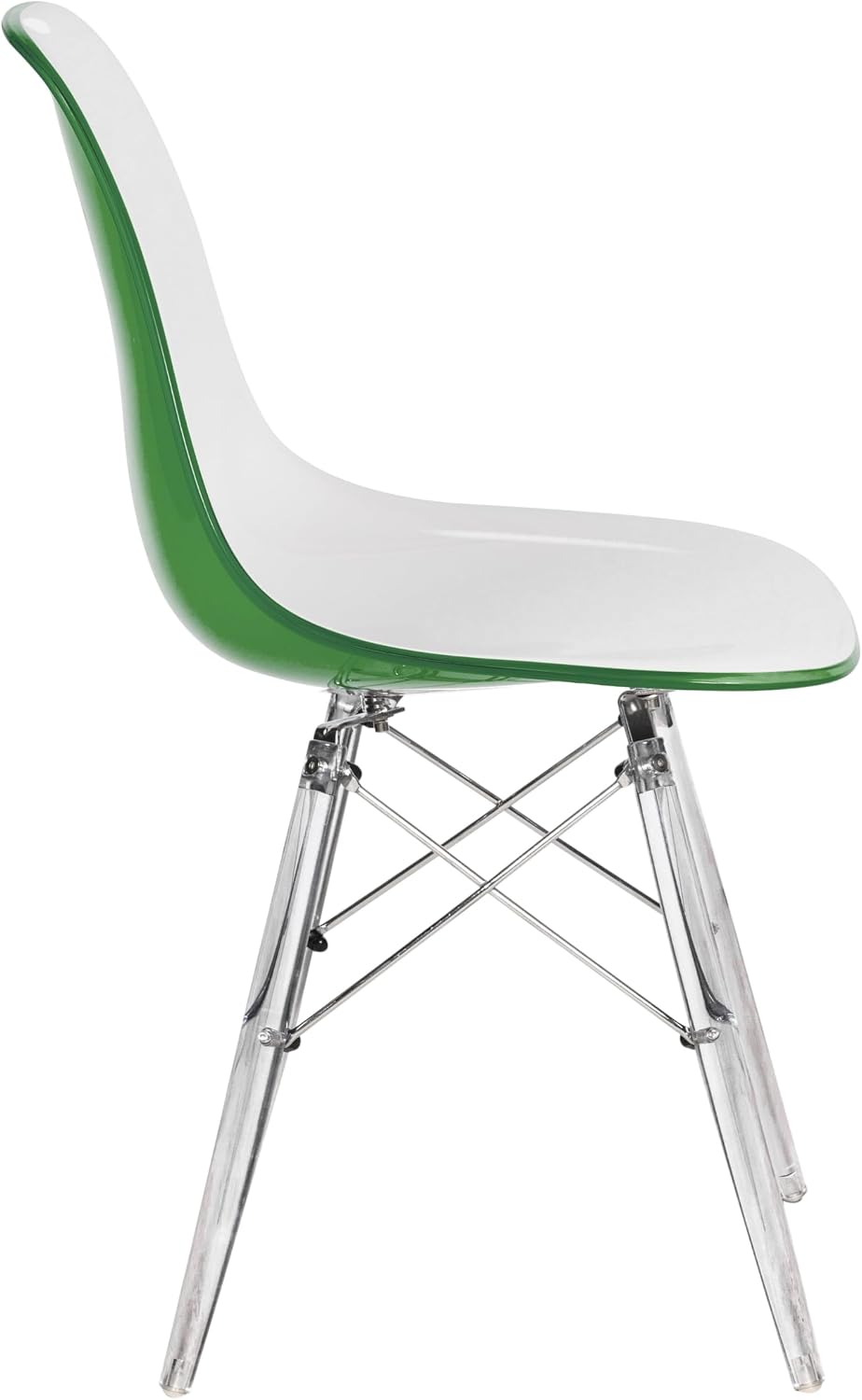 LeisureMod Cresco Modern Molded Dining Chair, Chrome-Plated Eiffel Base and Acrylic Support Legs Ergonomic Curved Seat Accent Side Chair for Living Room, Offices, Cafes, White Green