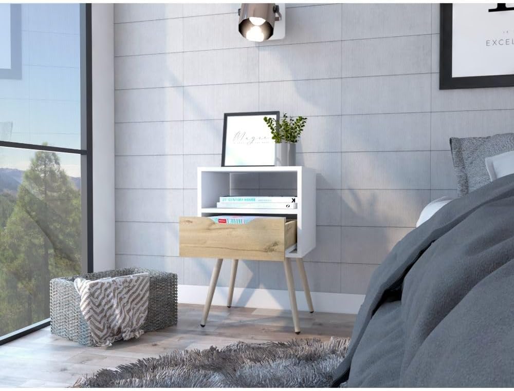 Nightstand, Superior Top, One Open Shelf, One Drawer, Four Legs,for Small Spaces
