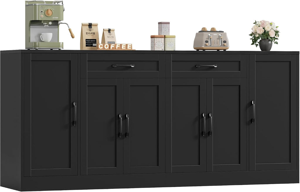 BOTLOG 71” Large Buffet Cabinet with Storage, Sideboard Buffet Cabinet with Adjustable Shelves and 6 Soft-Close Doors, Wood Coffee Bar Console Table for Kitchen, Dining Room, Black