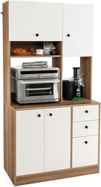 LOKO 71” Tall Kitchen Pantry Storage Cabinet, Freestanding Buffet Hutch with Doors, Adjustable Shelves, 3 Drawers and Microwave Stand, Kitchen Hutch for Dining Room, Living Room (White & Natural)