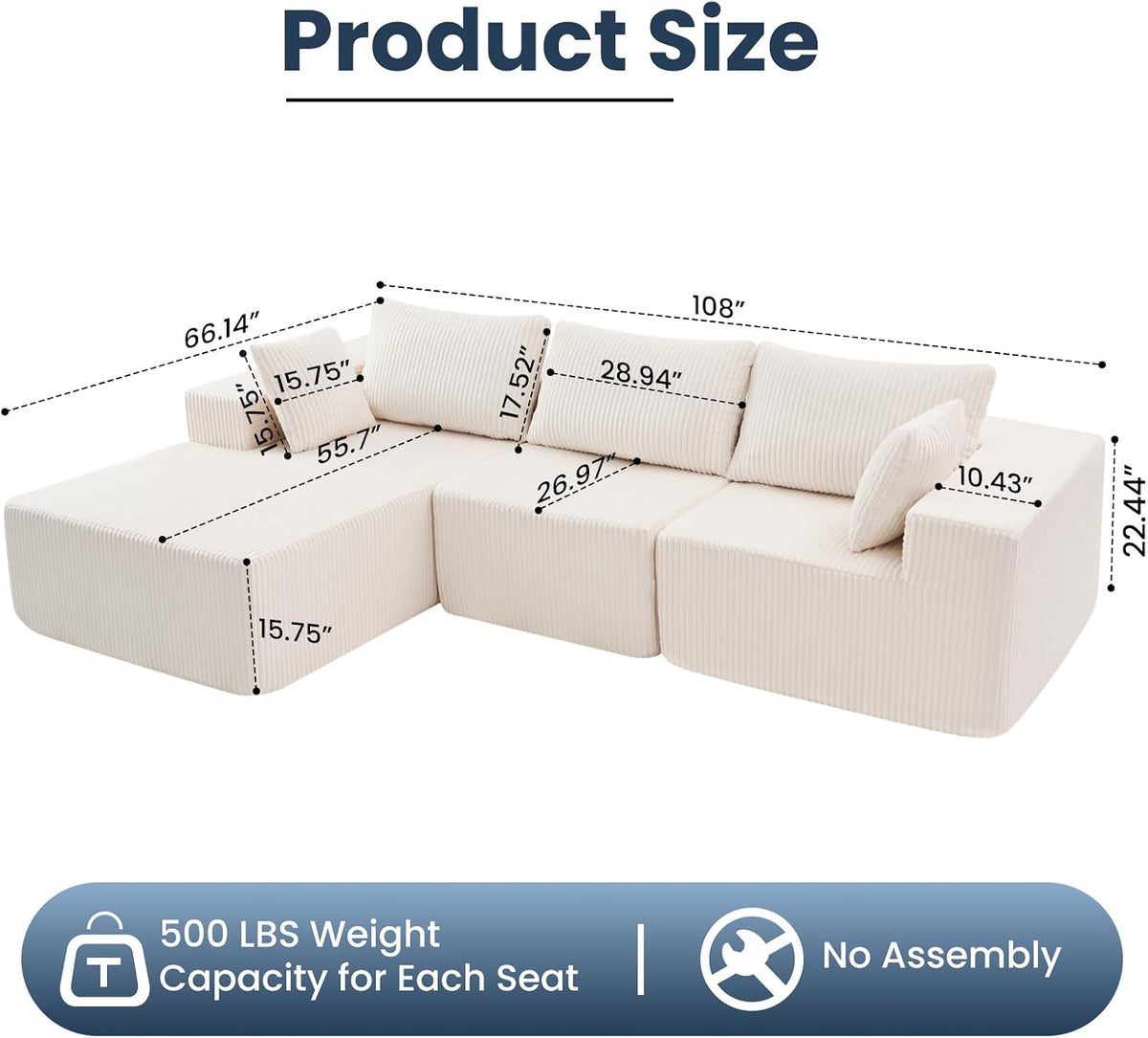 DUMOS 108" L-Shaped Sectional Couch, Left Facing Chaise | Upholstered Corduroy Sofa with 55.7'' Deep Seat for Living Room, Small Apartment, No Assembly in a Box, Creamy