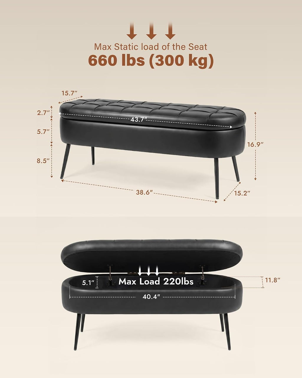 Storage Ottoman Bench, 43.7" PU Leather End of Bed Bench Black | Bench with Large Hidden Storage, Tufted Upholstered Seat, Metal Legs, Mid-Century Modern, For Bedroom, Entryway, Living Room