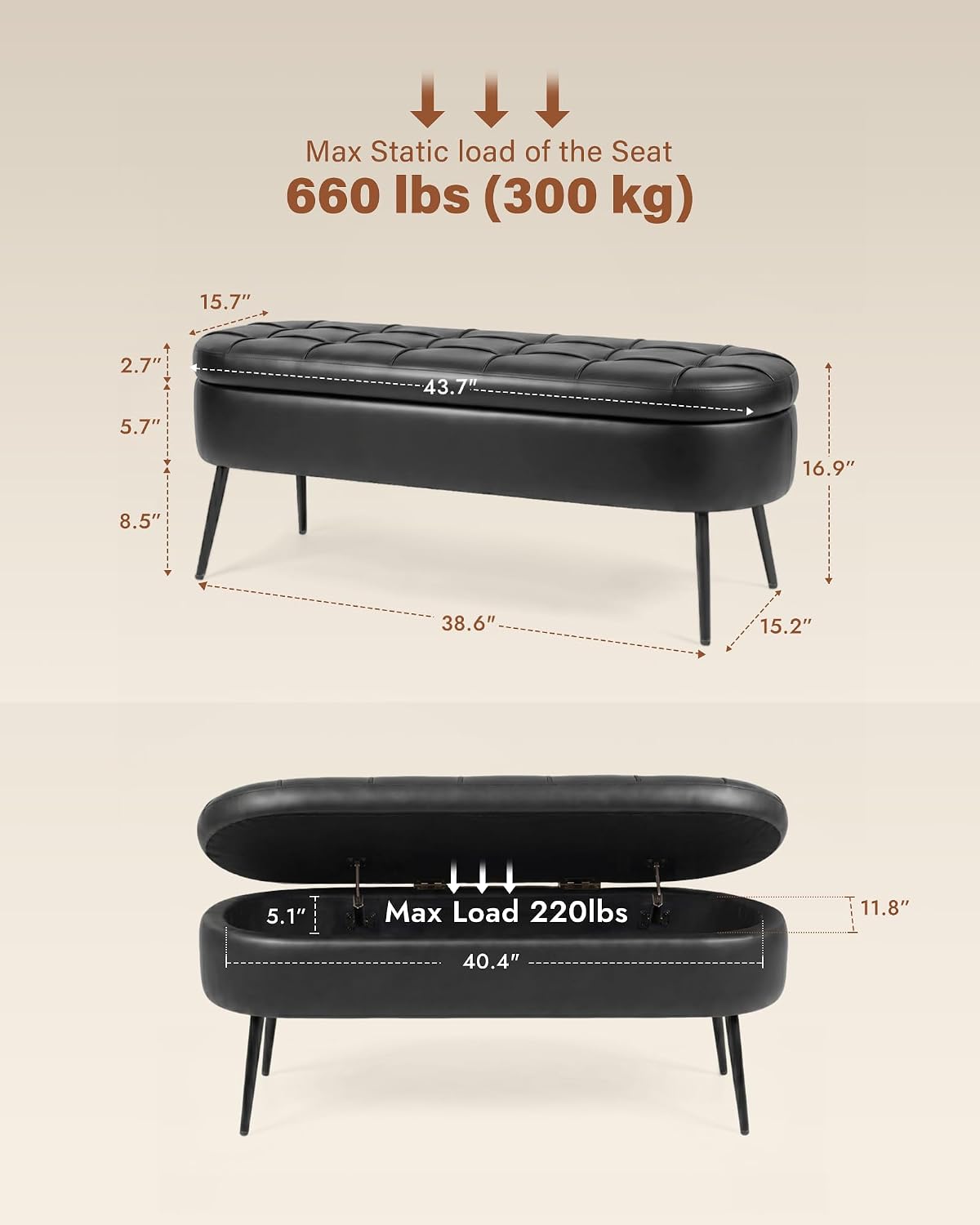 Storage Ottoman Bench, 43.7" PU Leather End of Bed Bench Black | Bench with Large Hidden Storage, Tufted Upholstered Seat, Metal Legs, Mid-Century Modern, For Bedroom, Entryway, Living Room