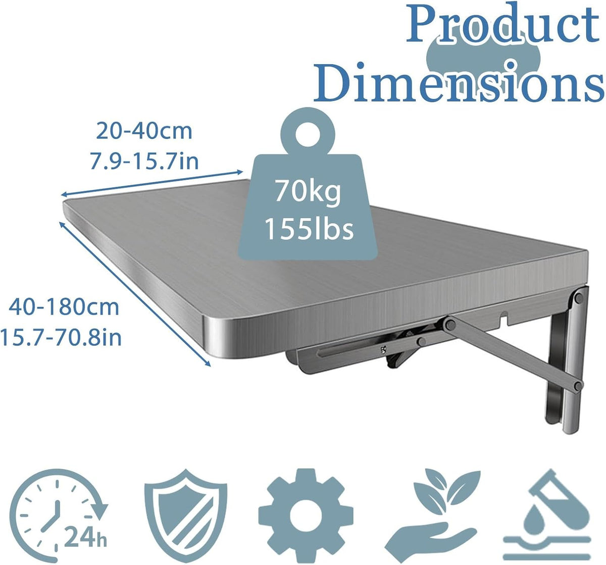 304 Stainless Steel Wall Mount Folding Table 16 20 24 28 32 36 40 43 47 51 59 71in Kitchen Storage Shelf Drop Down Heavy Duty Foldable Wall Mount Shelving for Kitchen Balcony(50x40cm/19.7x15.7in)