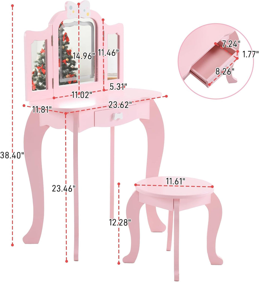 Vanity Set,ShyneeMakeup Dressing Vanity Set Wooden Princess Makeup Table with Cushioned Stool,Drawer,Wooden Legs and Mirror, Make Up Dressing Play Set for Girls (Pink Bow)