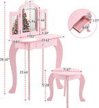 Vanity Set,ShyneeMakeup Dressing Vanity Set Wooden Princess Makeup Table with Cushioned Stool,Drawer,Wooden Legs and Mirror, Make Up Dressing Play Set for Girls (Pink Bow)