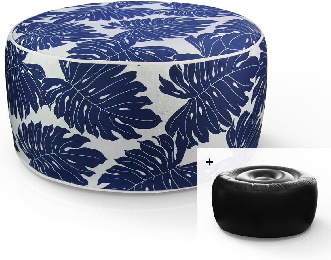 Inflatable Footstool Ottoman Navy Leaves Round 21x9 Inch Patio Foot Stools and Ottomans Portable Footrest