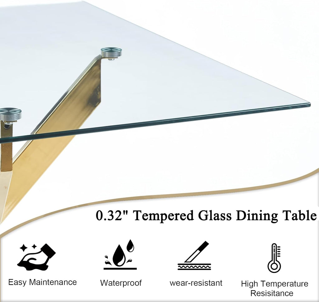 Square Dining Table for 4, 36 Inch Glass Kitchen Table with Gold X Metal Legs, Modern Tempered Glass Dinner Room Table for Small Space Dining Room Kitchen Restaurant