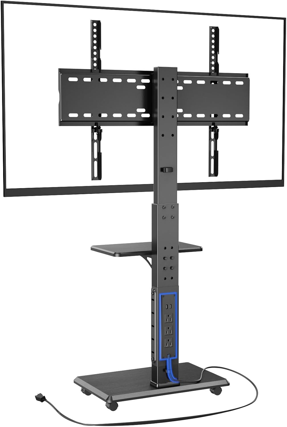 Afaloona Rolling TV Stand with Power Outlet for 32-75" TV, Max Load 110 lbs | Mobile TV cart with 18 height adjustments, ±30° swivel, media shelf and Max VESA 600×400mm for living room office and outdoor
