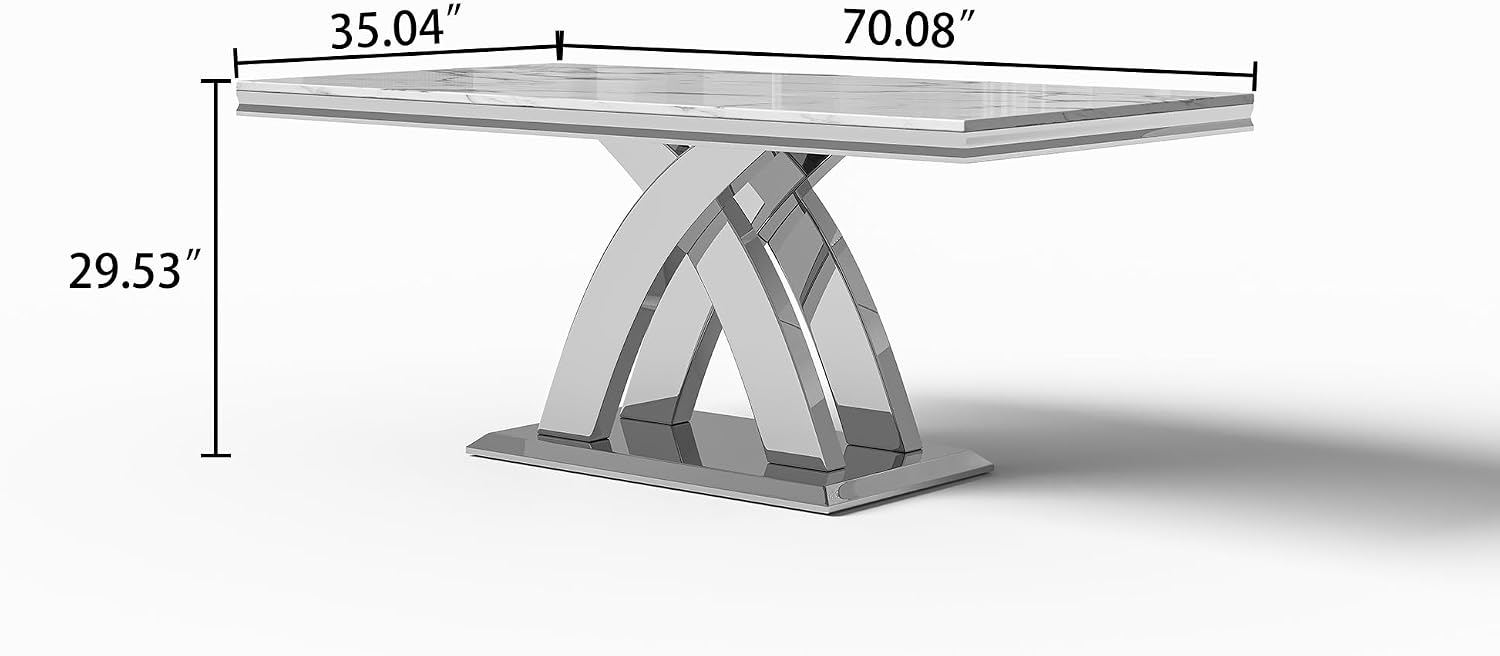 Modern 70" White Marble Dining Table for 6-8 – Rectangular Faux Marble Kitchen & Dining Room Table with Silver Stainless Steel X-Shape Bases, Living Room Furniture